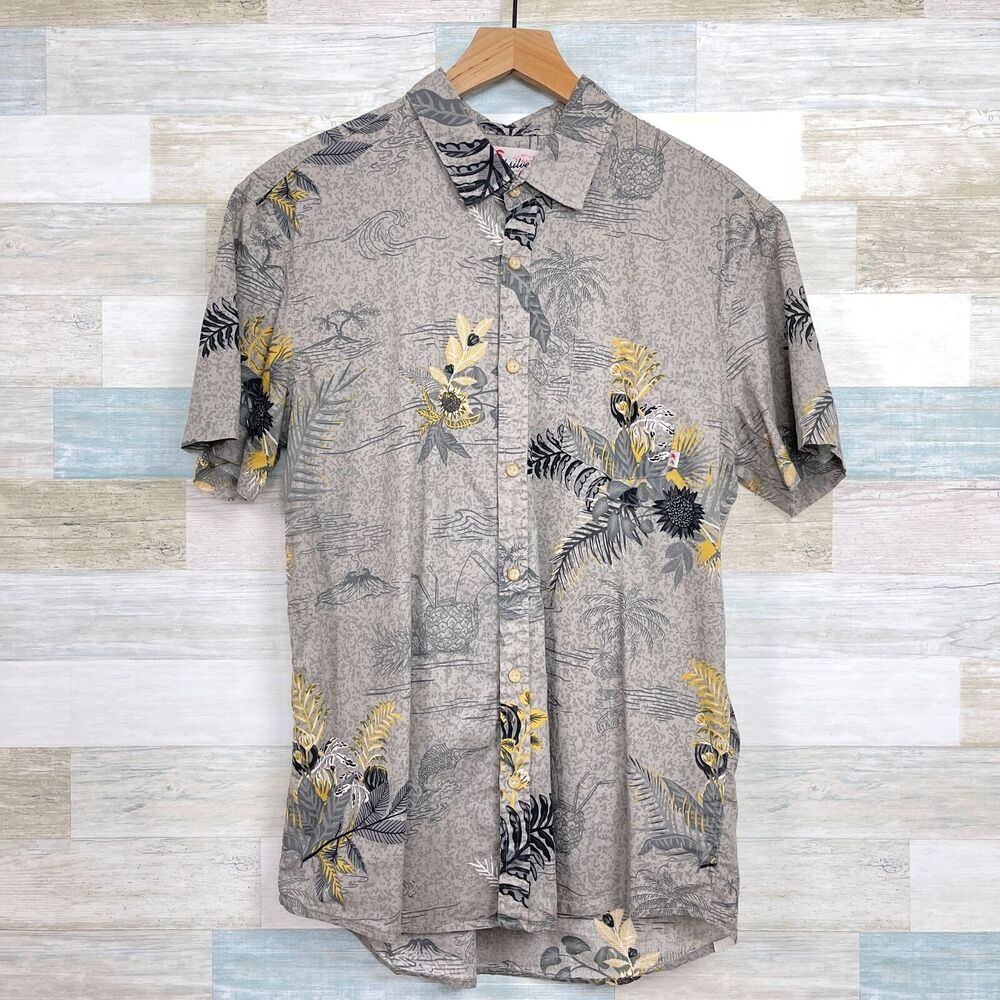 Quiksilver Hawaiian Shirt Gray Tropical Pineapple Volcano Aloha Mens Large